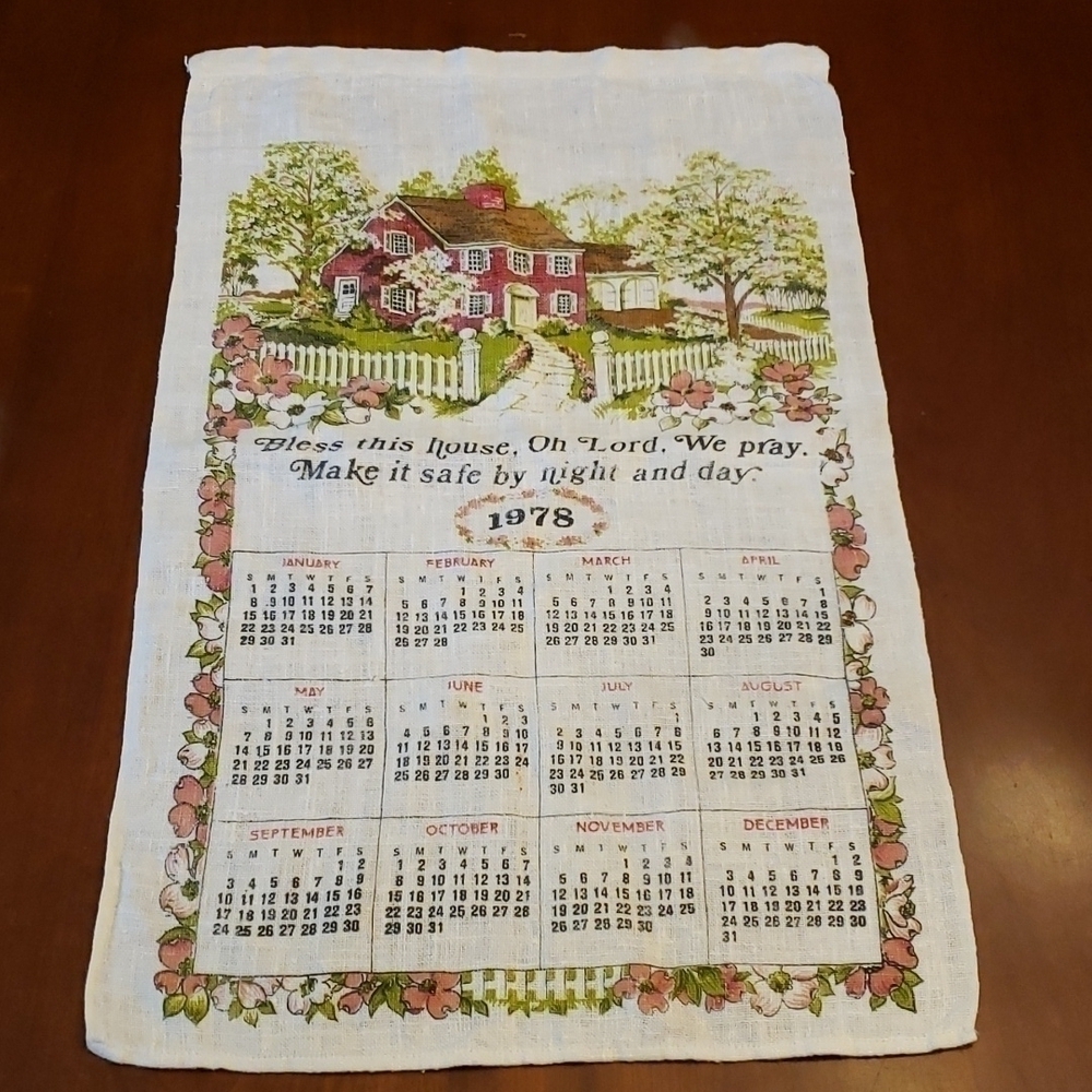 Vintage 78 linen Calendar Tea Towel bless this House Prayer Greens and Pinks